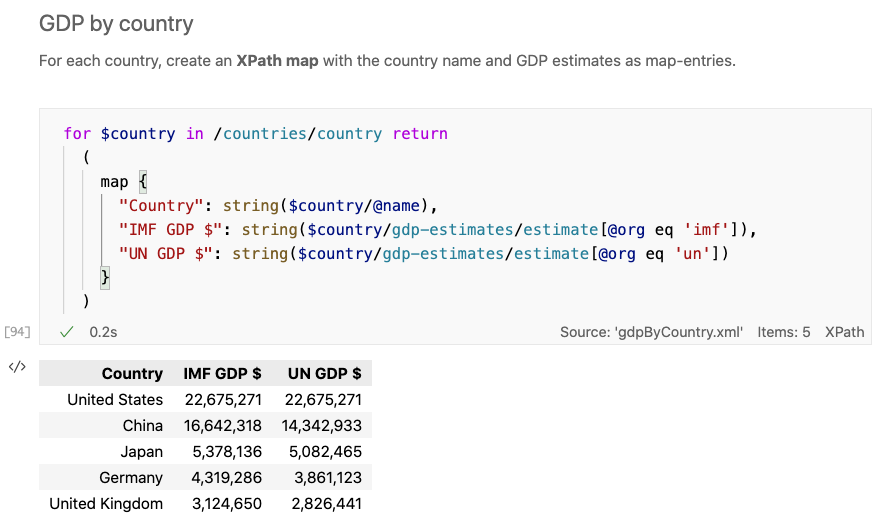 Example of XPath Notebook showing code and when rendered in HTML